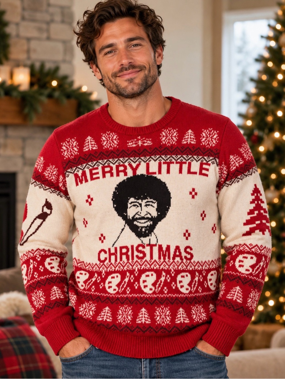 Bob Ross Merry Little Christmas Red & Cream Crewneck Sweater